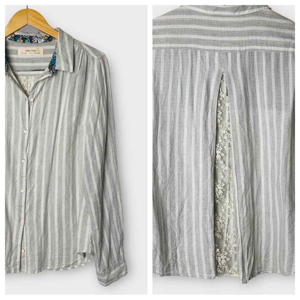 🔥🔥🔥Anthropologie Isabella Sinclair Button Down Lace Inset Split Back Top L